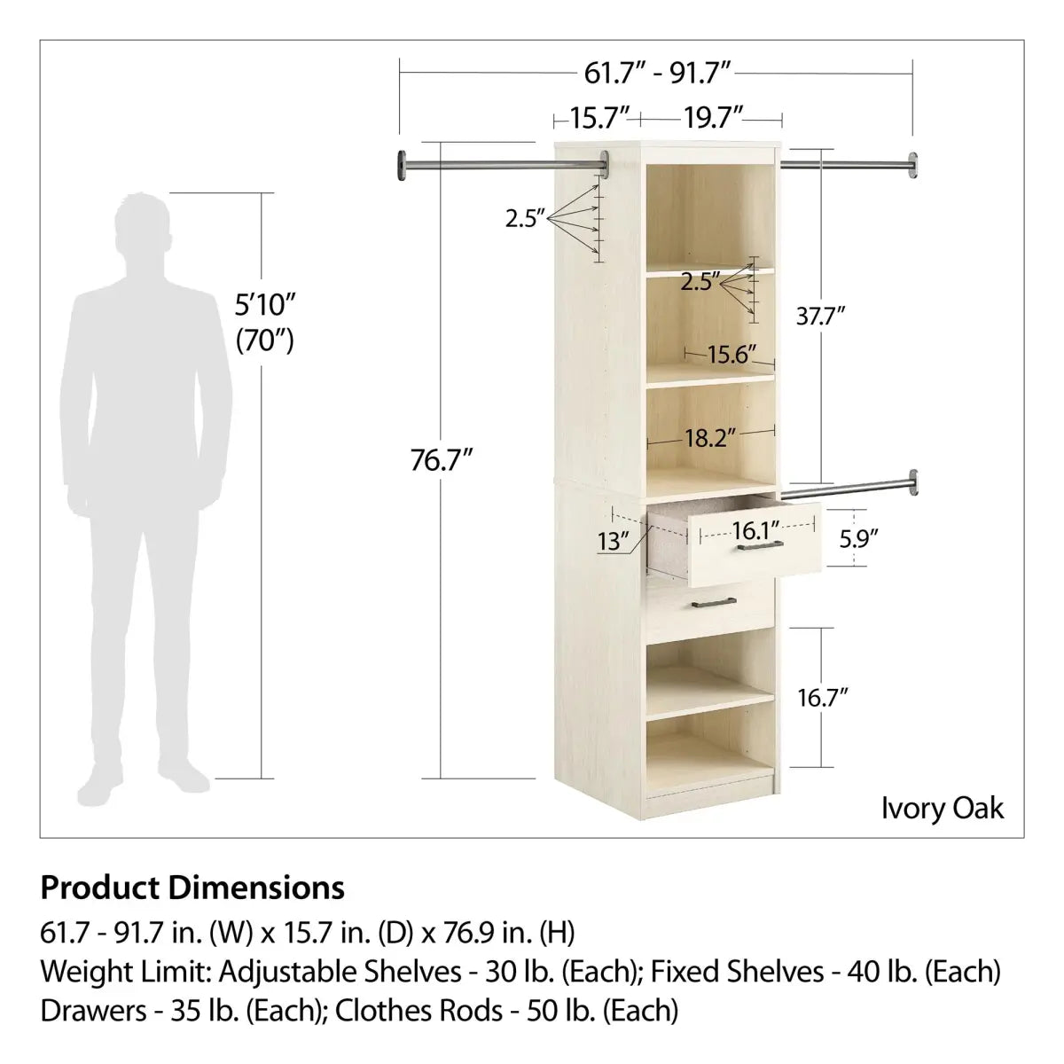 5-Shelf Closet Organizer with 2 Drawers and Adjustable Hanging Rods, Ivory