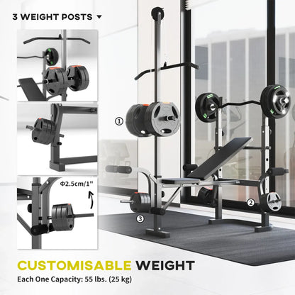 Adjustable Weight Bench with Press Rack – Preacher Curl & Lat Pulldown Station