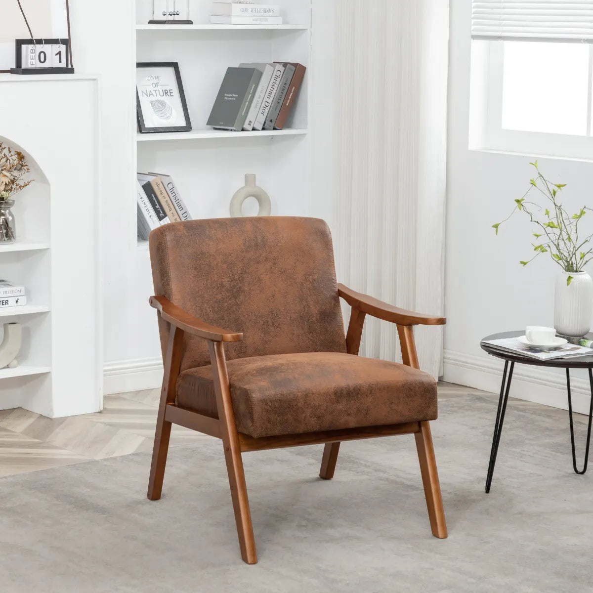 Mid-Century Wingback Chair with Solid Wood Frame, Brown