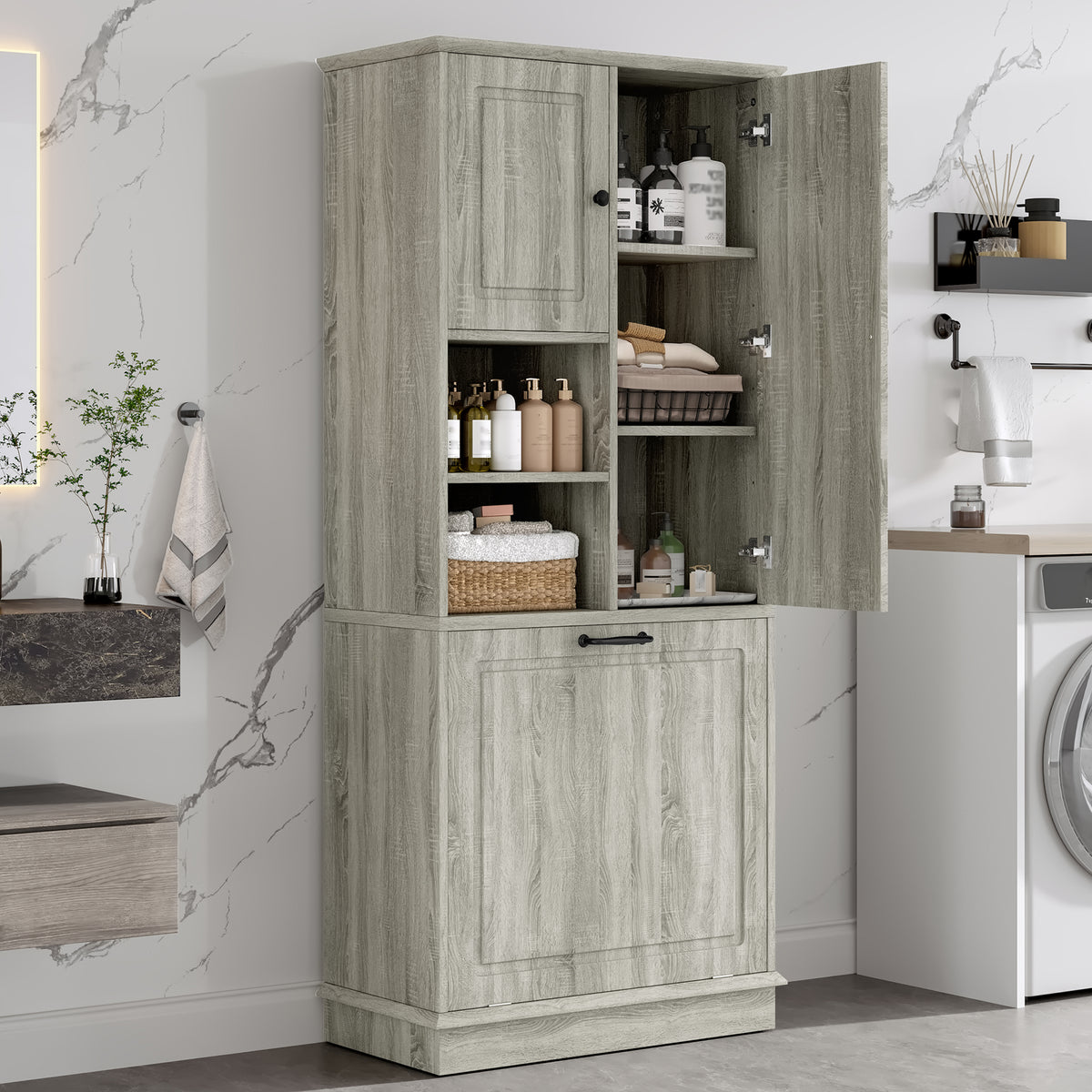 Tall Storage Cabinet with Flip-Out Basket, Oak – alternate view 2