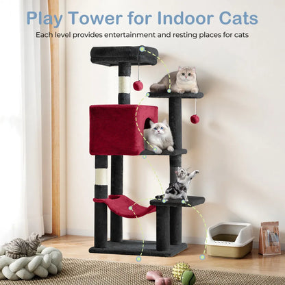 44" Cat Tree Tower with Sisal Scratching Posts, Hammock and Extended Platform, Beige