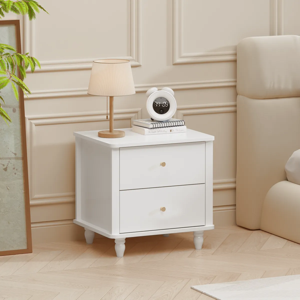 Modern 2-Drawer Nightstand with Round Knobs, White