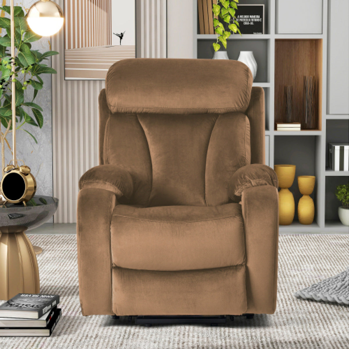 Power Lift Recliner Chair – Velvet Fabric with Wood & Steel Frame, Brown Living Room for Elderly