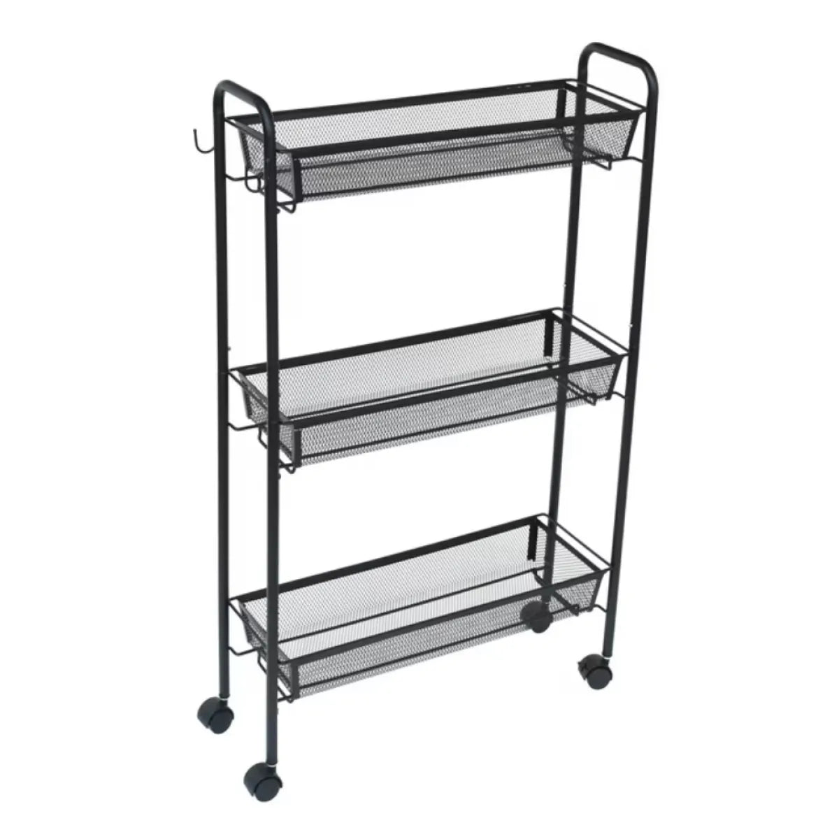 Slim 3-Tier Rolling Bathroom Storage Cart with Hooks, Black