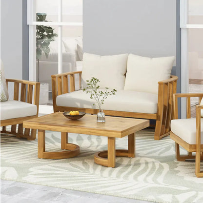Outdoor Acacia Wood Loveseat and Coffee Table Set with Beige Cushions, Teak