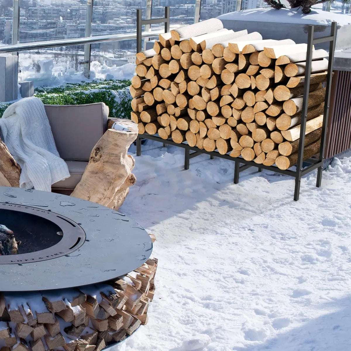 Outdoor Firewood Rack with Waterproof Cover, Heavy Duty Log Storage, Black