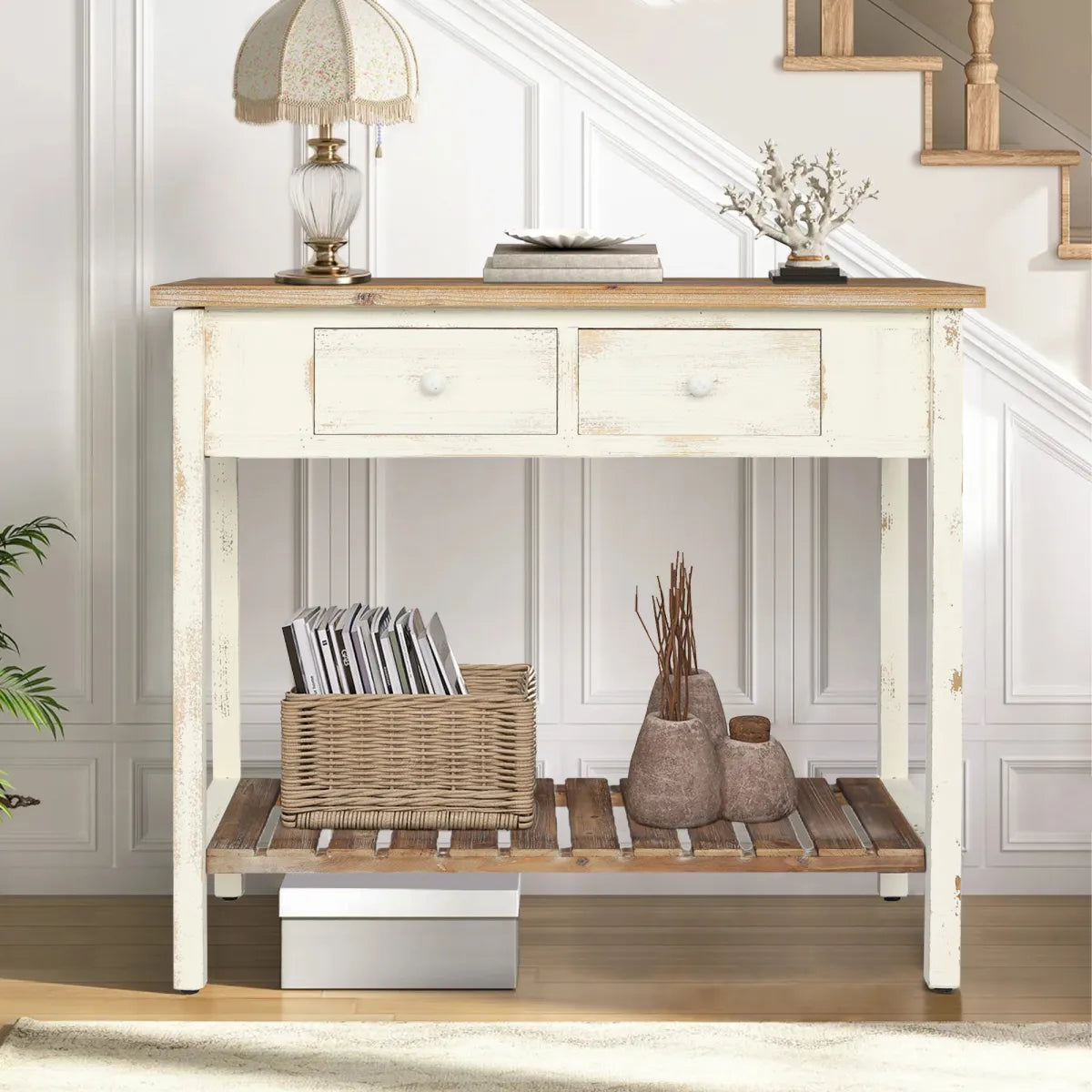 Vintage Two-Drawer Console Table with Open Shelf