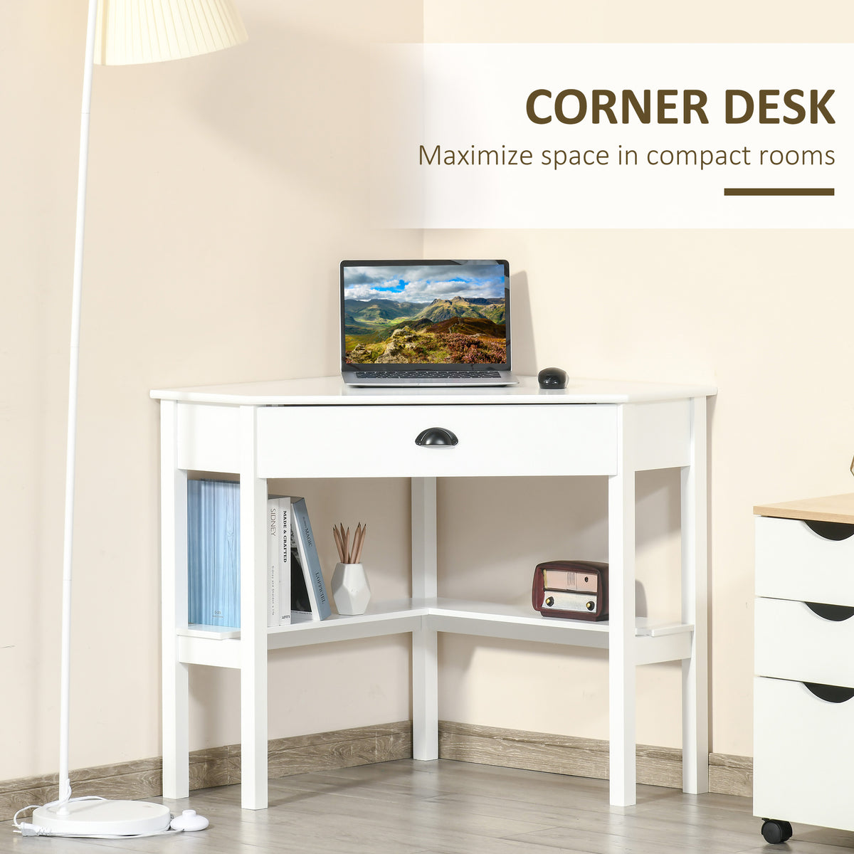 Triangle corner desk with drawer, white