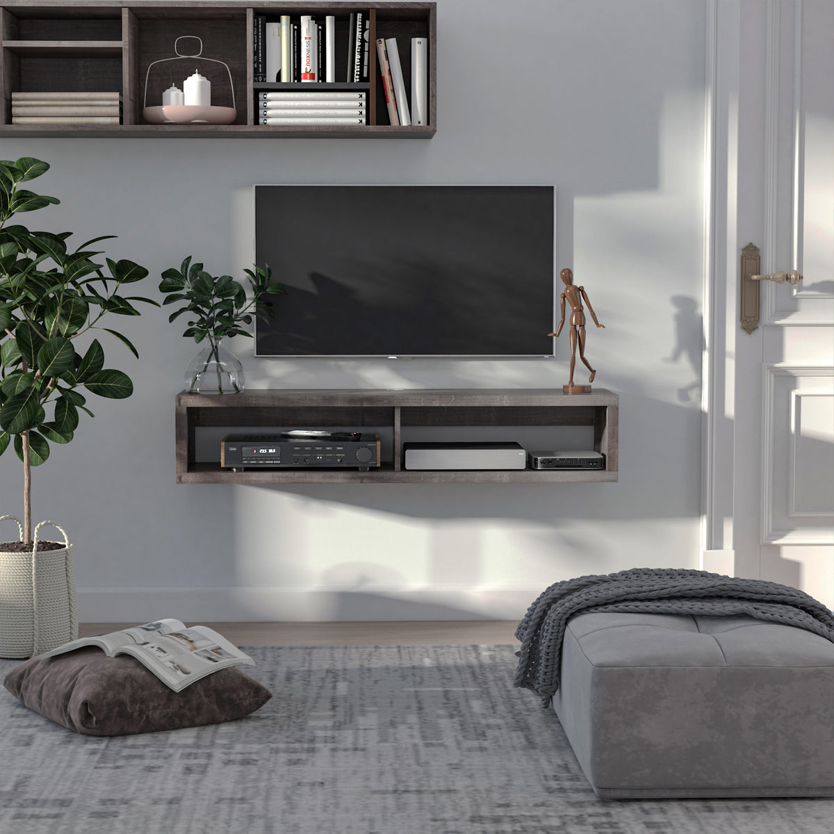 Wall-mounted floating TV stand, dark grey
