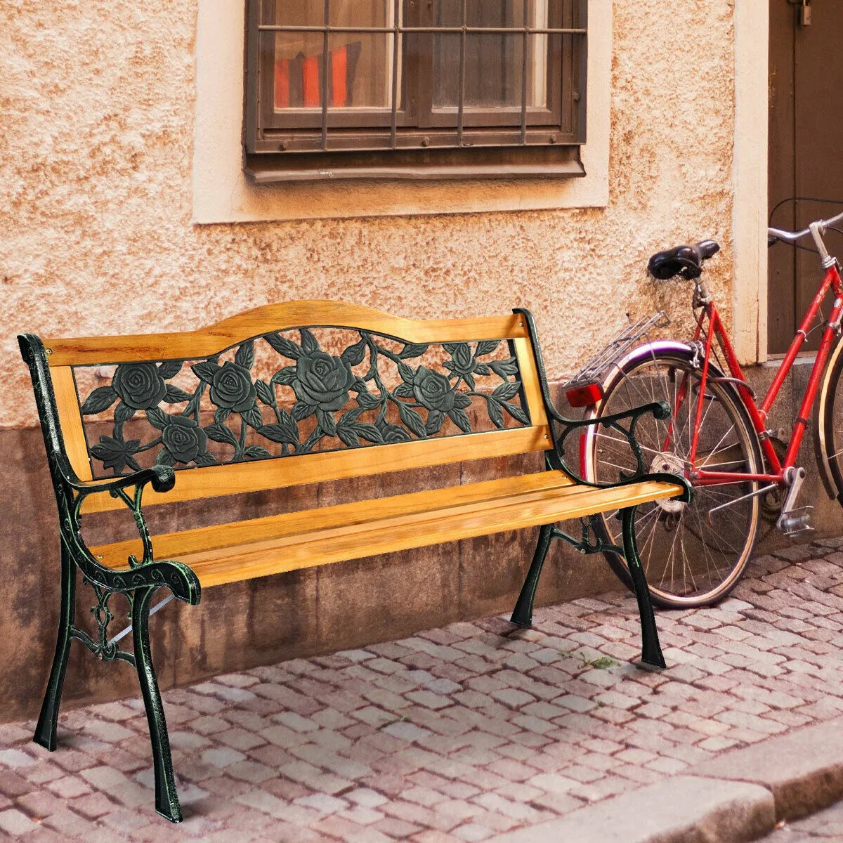 Wooden Garden Loveseat Bench with Iron Armrests