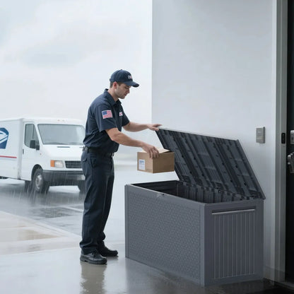 90 Gallon Outdoor Plastic Deck Storage Box with Lockable Seat