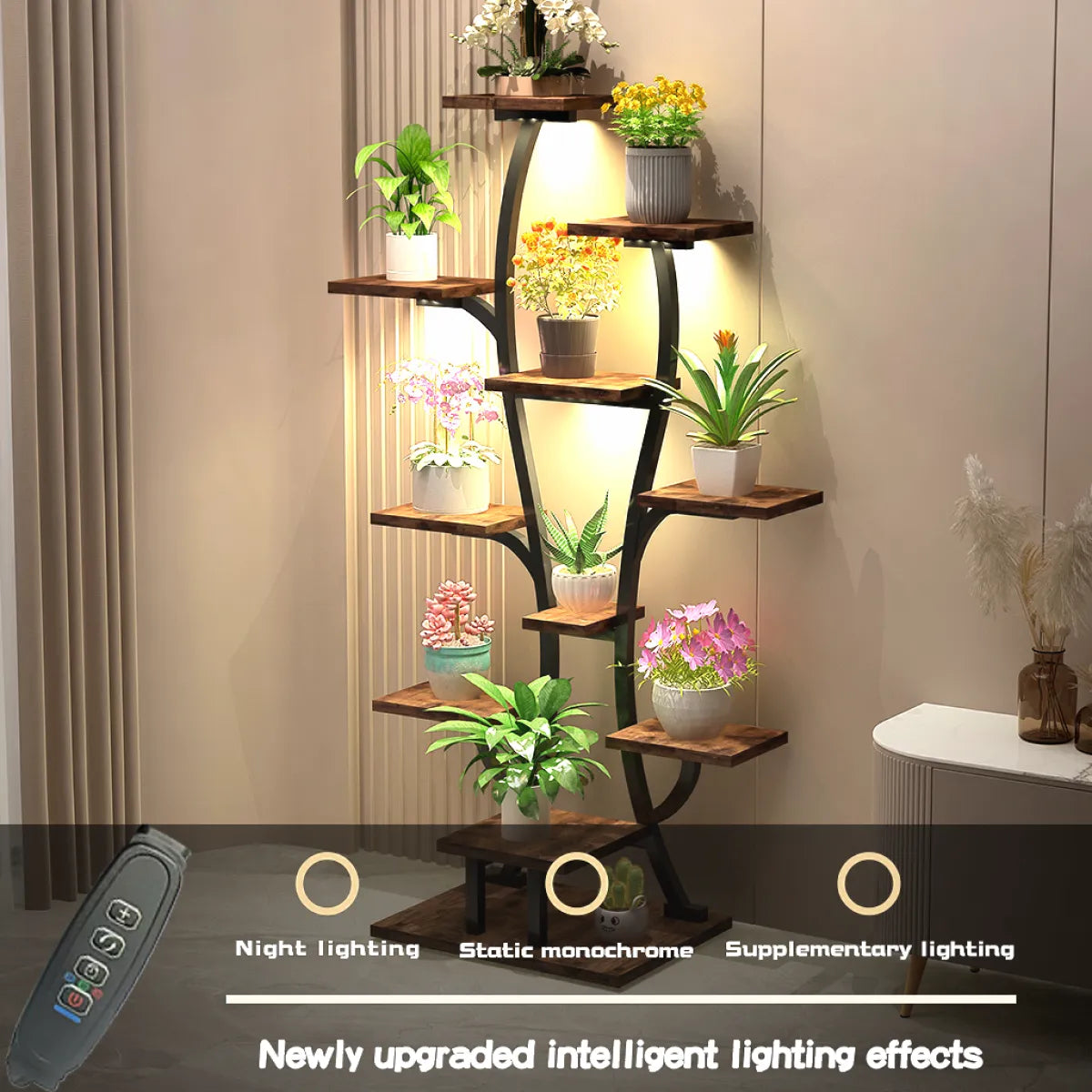 Vase-Shape Metal Plant Stand with Grow Lights, Black Walnut