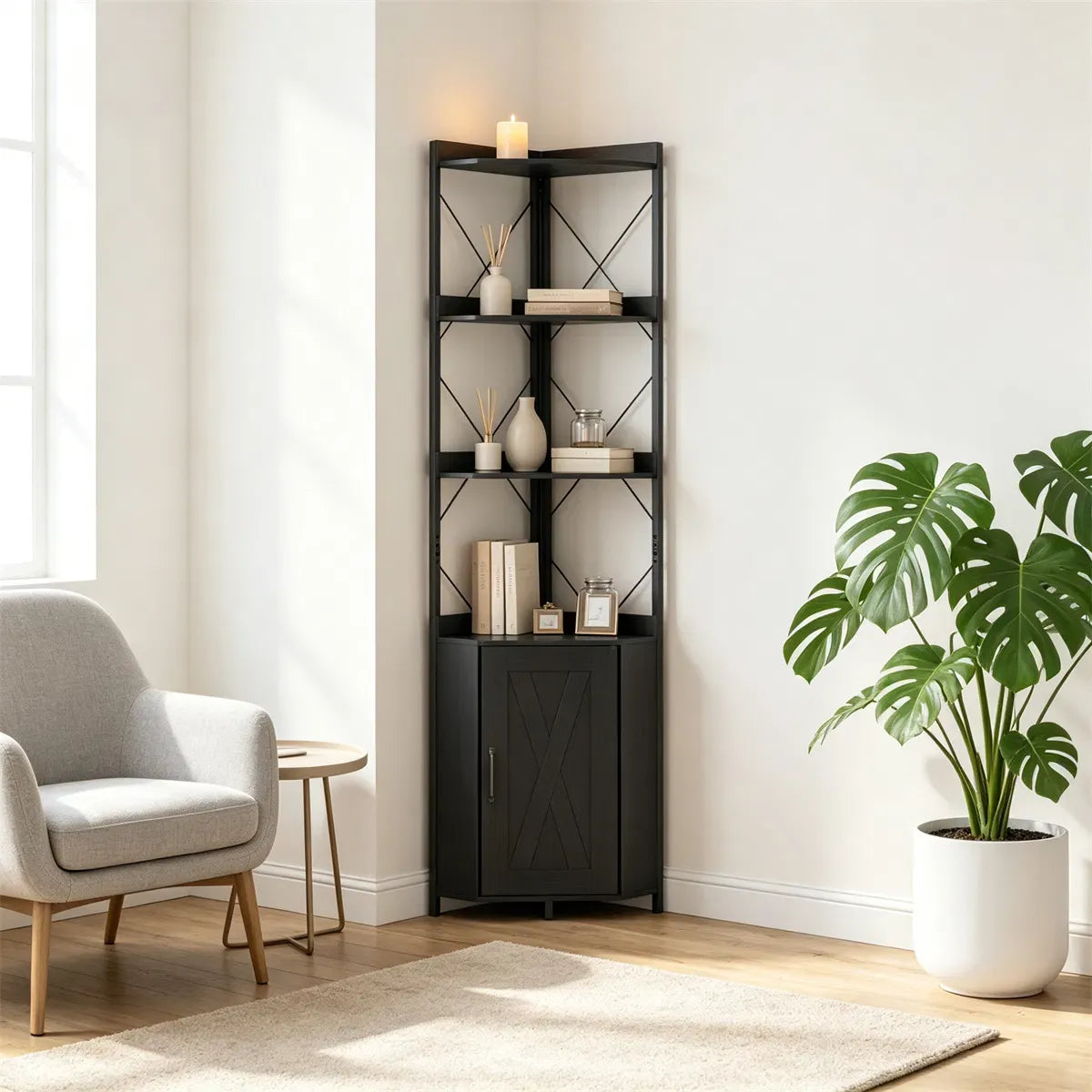 Corner Display Bookcase with Concealed Cabinet, Black – view 7