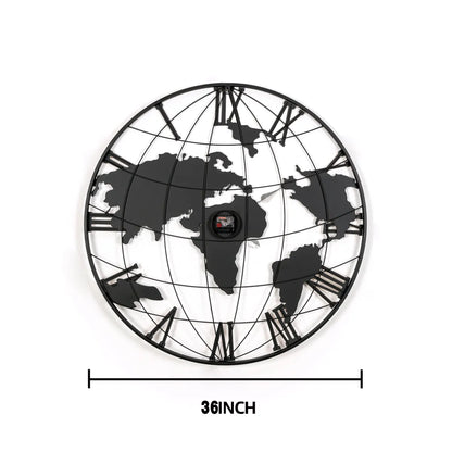 36" Large Black Metal Wall Clock with World Map Design