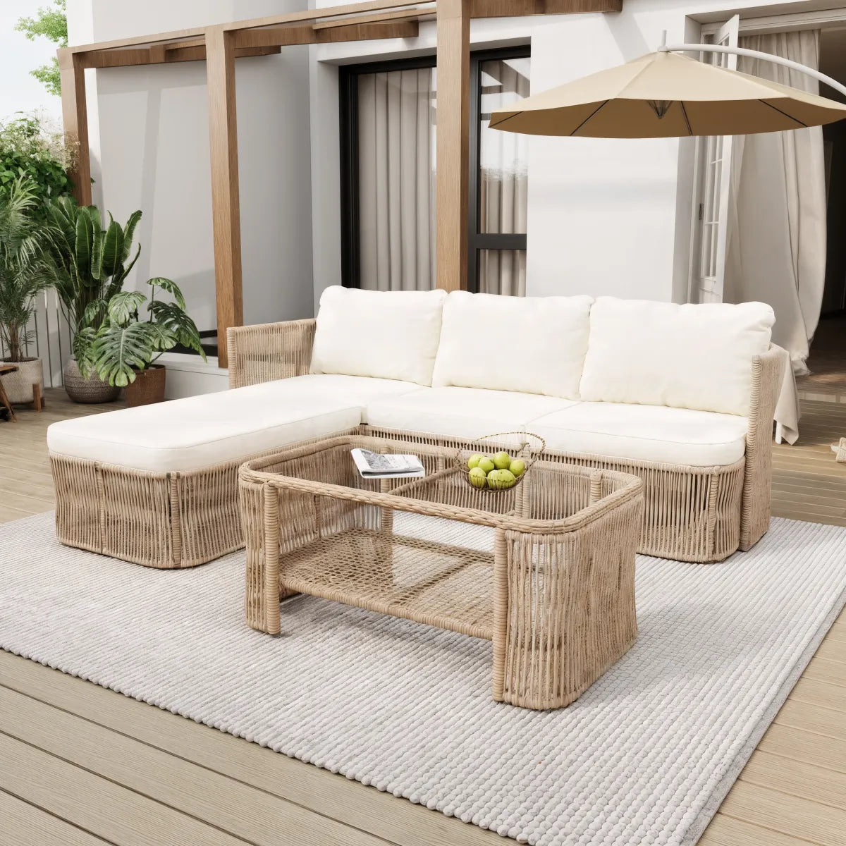Boho Woven Rattan Outdoor Sectional with Glass Top Coffee Table, Beige Cushions