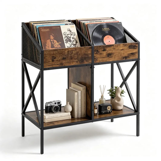 2-Tier Industrial Vinyl Record Storage Rack with Anti-Tipping Kit, Wood and Metal