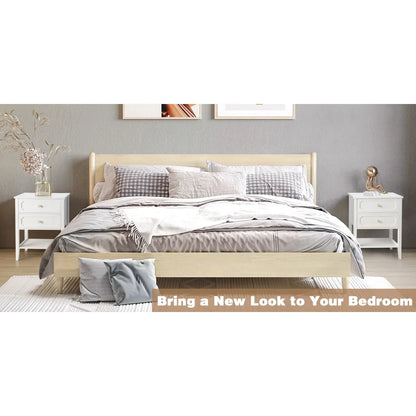 White Wood Nightstand with 2 Drawers and Open Shelf