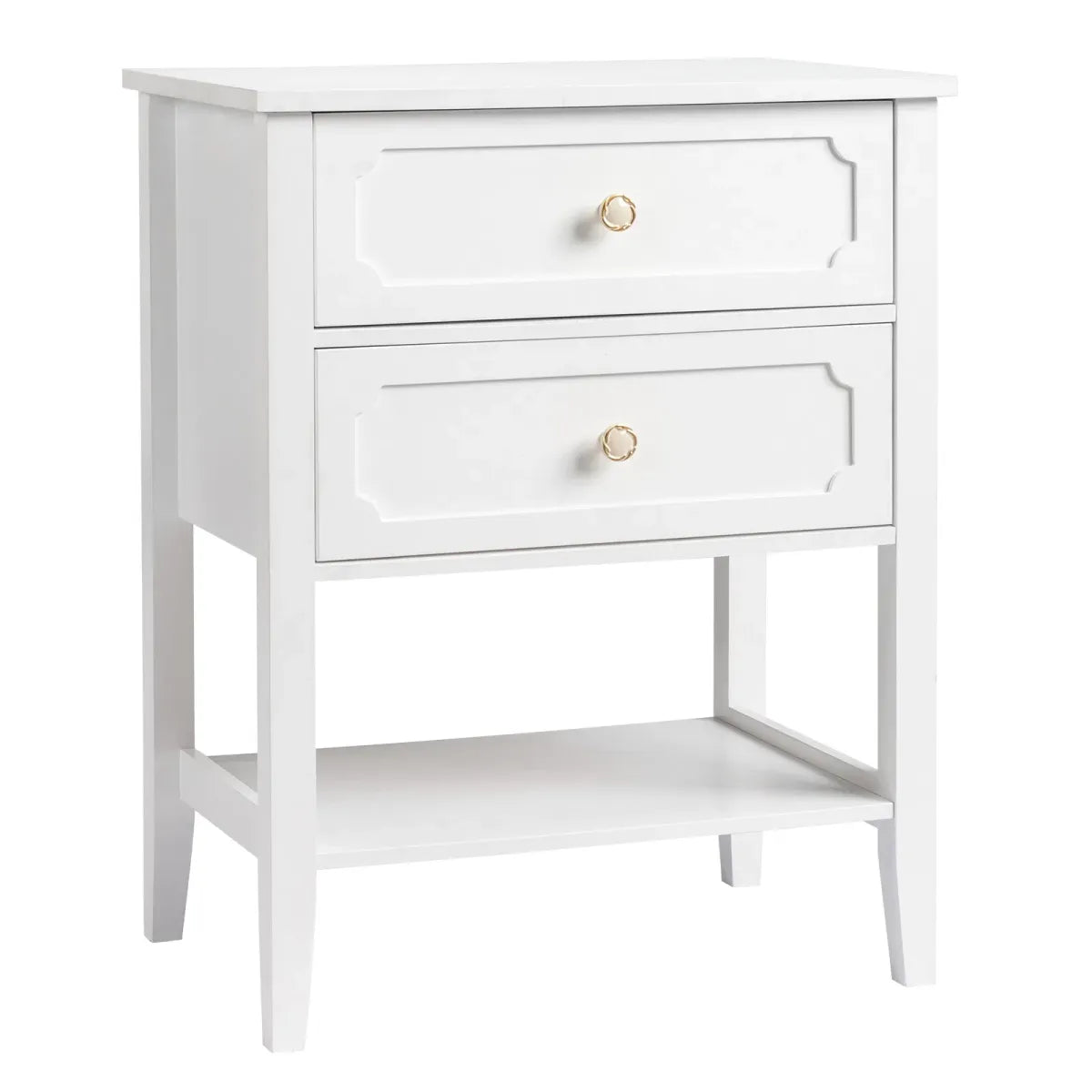 White Wood Nightstand with 2 Drawers and Open Shelf