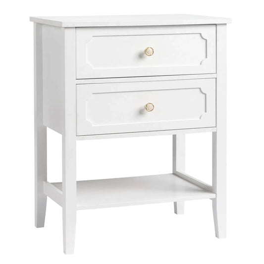 White Wood Nightstand with 2 Drawers and Open Shelf