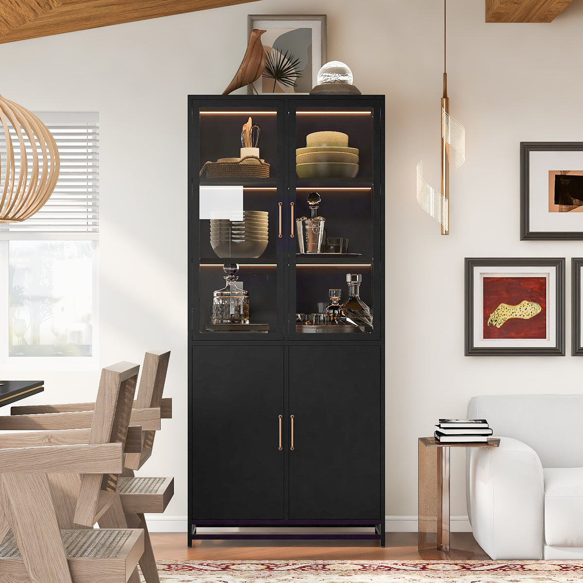 76.75 inch tall glass display cabinet, black