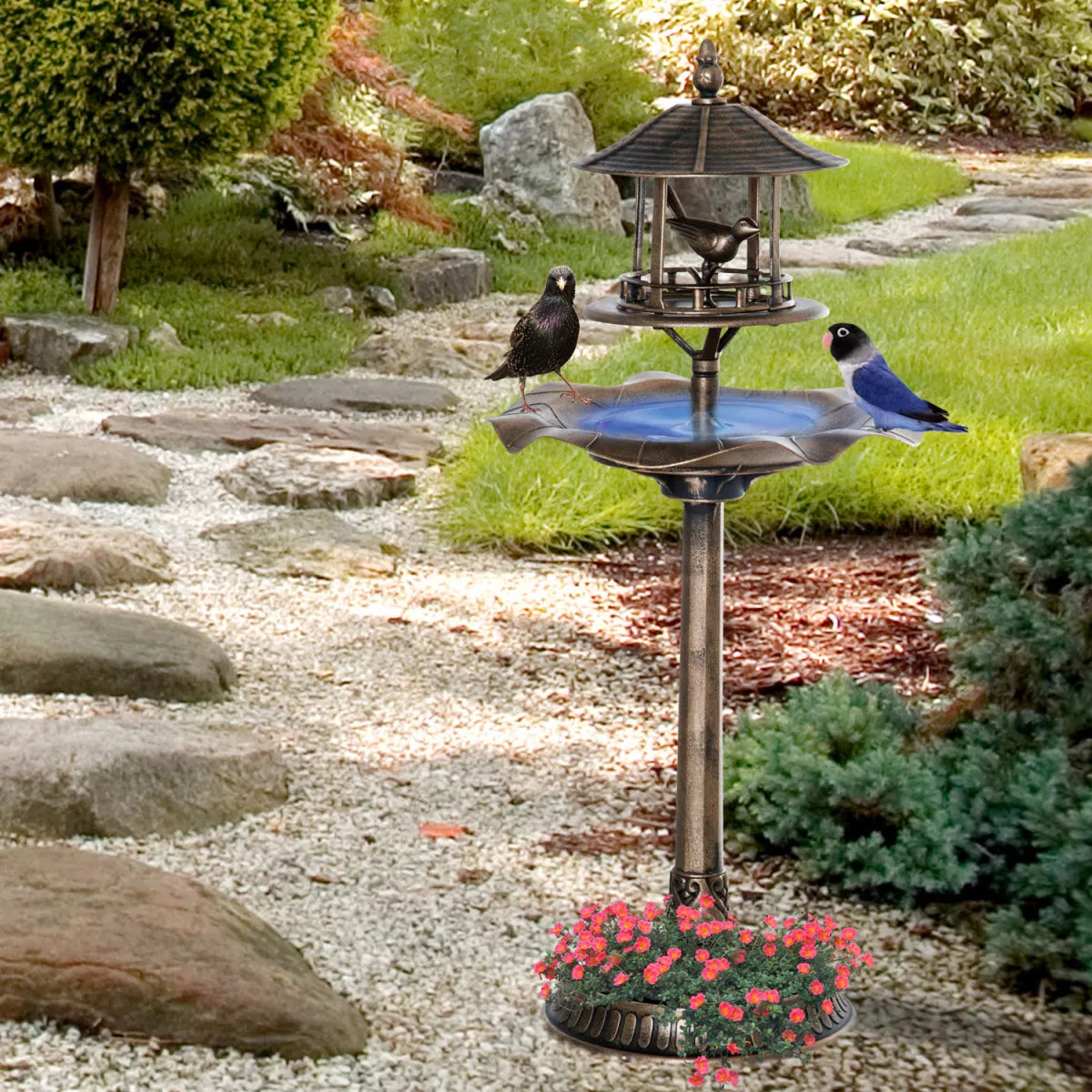 3-in-1 Garden Bird Bath Pedestal with Feeder, Bronze