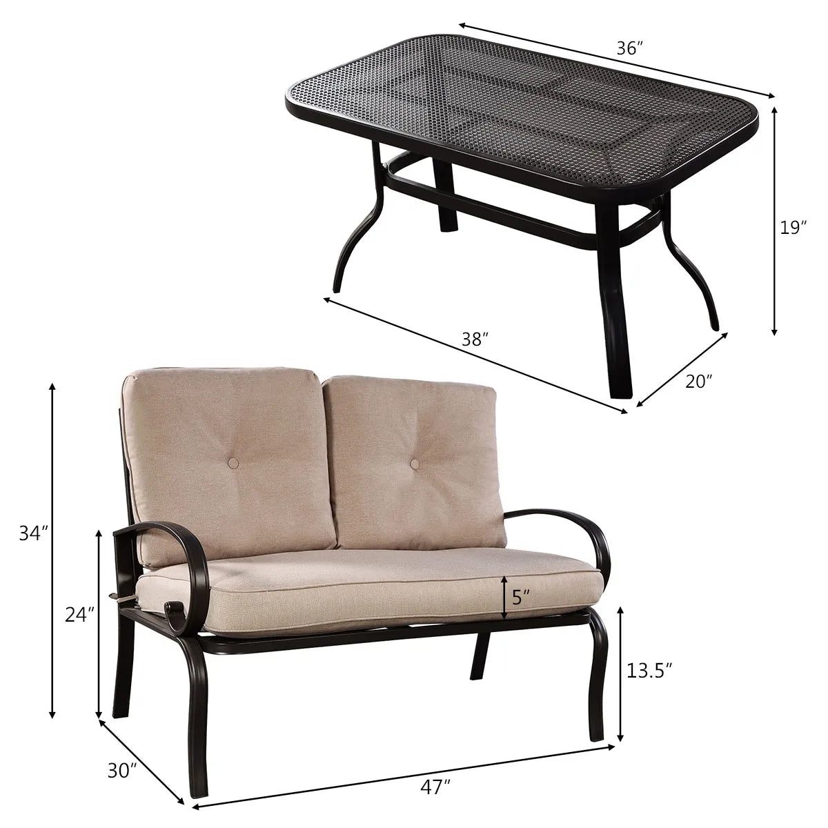2-Piece Patio Loveseat and Coffee Table Set with Beige Cushions