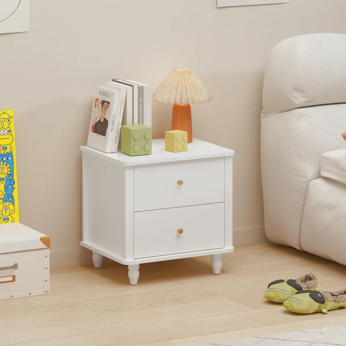 Modern 2-Drawer Nightstand with Round Knobs, White