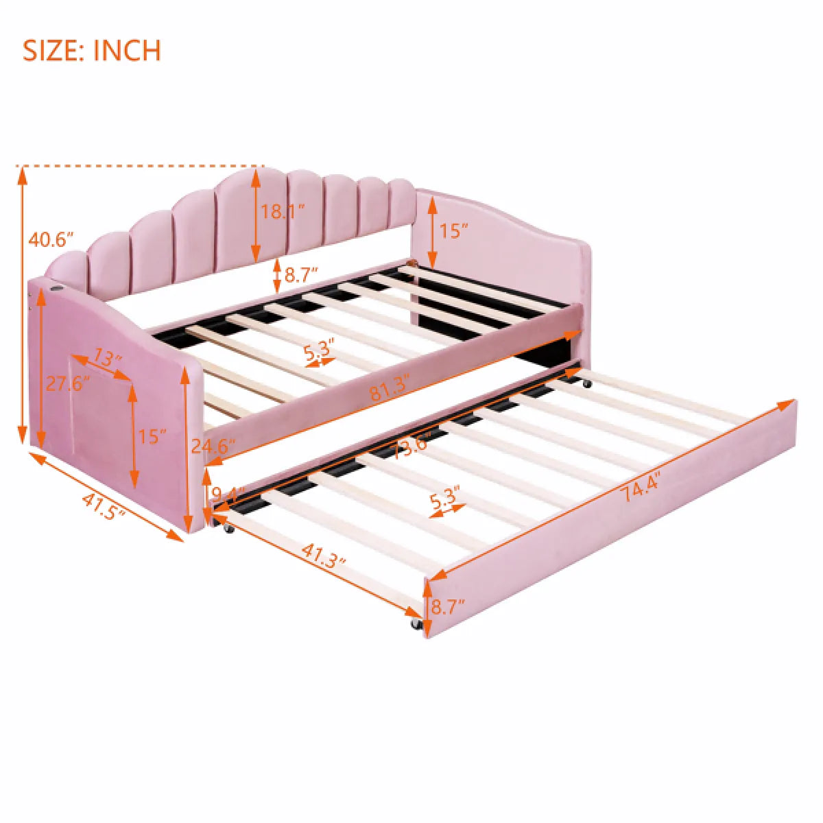 Twin Size Upholstered Daybed with Trundle – Velvet Sofa Bed with USB Charging, Pink – view 5