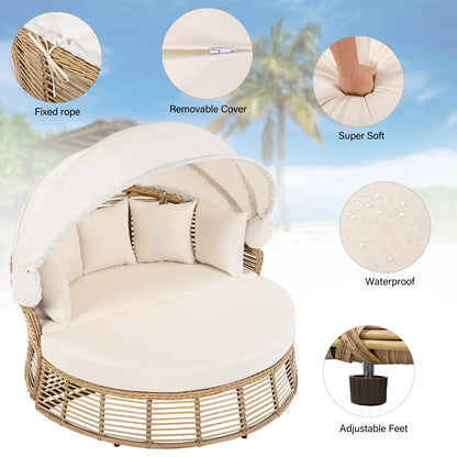 Round Wicker Outdoor Daybed with Retractable Canopy and Removable Cushions, Beige