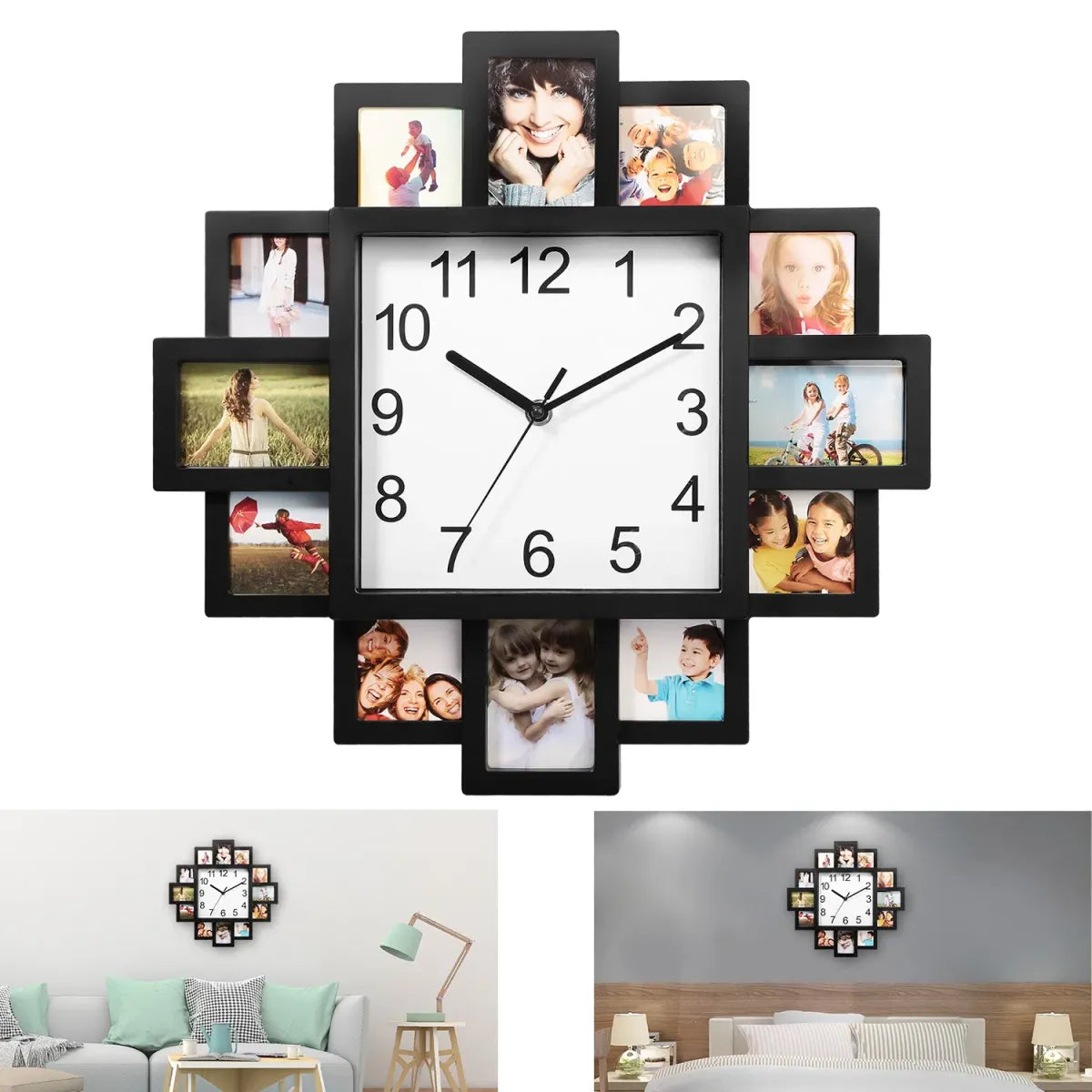 Photo Collage Wall Clock, 12-Slot Farmhouse Picture Frame Design