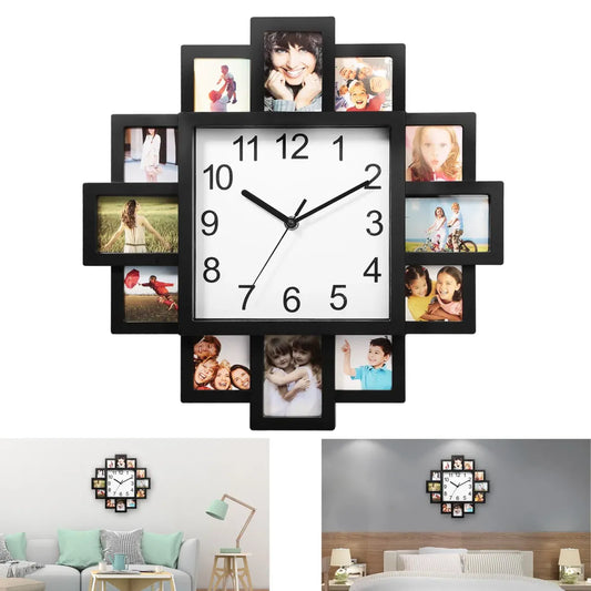 Photo Collage Wall Clock, 12-Slot Farmhouse Picture Frame Design