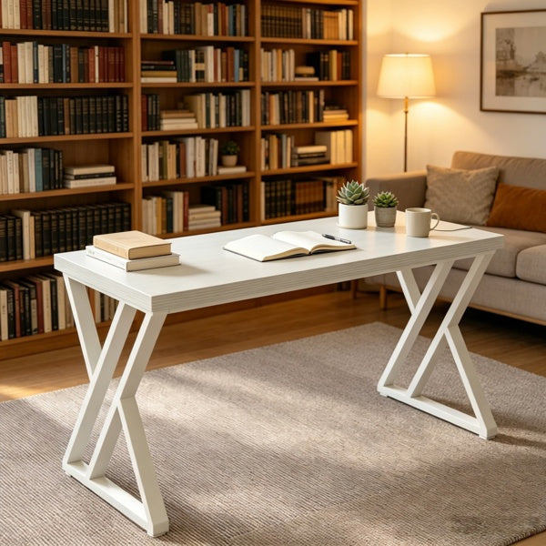 Industrial writing desk with Z-shaped legs, rustic wood and black