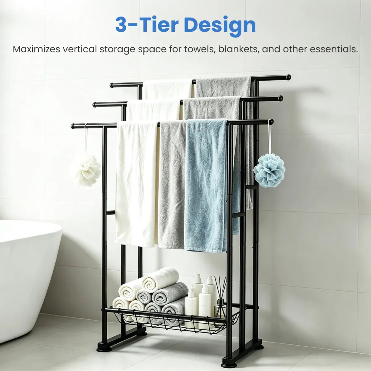 3-Tier Freestanding Towel Rack with Storage Basket, Black