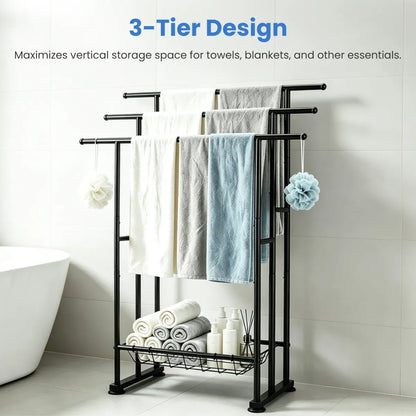 3-Tier Freestanding Towel Rack with Storage Basket, Black