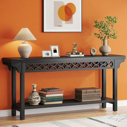 Black Lattice-Front Console Table with Lower Shelf