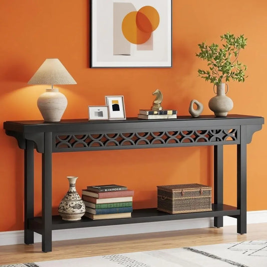 Black Lattice-Front Console Table with Lower Shelf