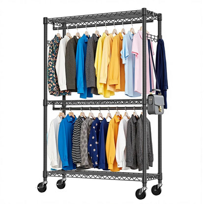 3-Tier Rolling Garment Rack with Wire Shelving, Black