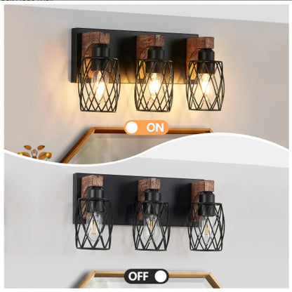 Industrial 3-Light Vanity Wall Sconce – Black Cage with Wood Accents