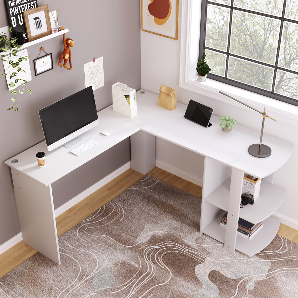 140cm L-shaped corner desk with storage, white
