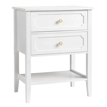 White Wood Nightstand with 2 Drawers and Open Shelf
