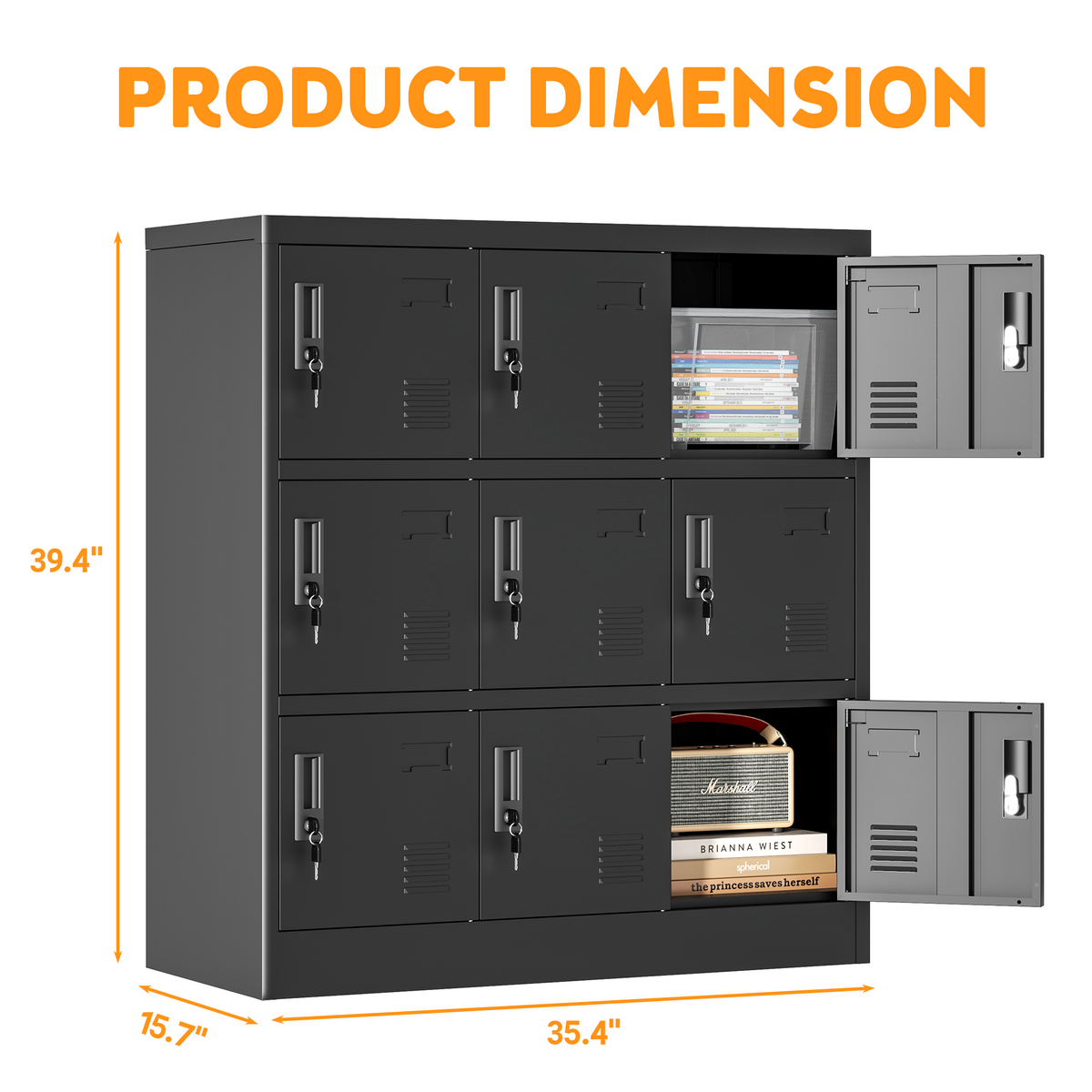 9-door metal storage locker, black