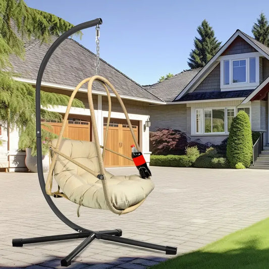 Woven Rattan Hanging Egg Chair with Stand, Khaki