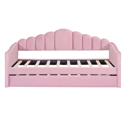 Twin Size Upholstered Daybed with Trundle – Velvet Sofa Bed with USB Charging, Pink – view 4