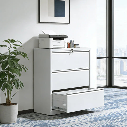 3-Drawer Lateral Metal File Cabinet with Lock, White, for Home Office