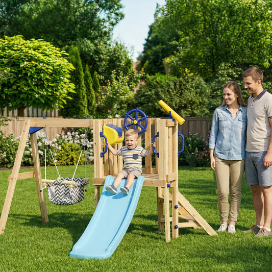 Wooden Toddler Swing Set with Slide and Play Fort, Natural