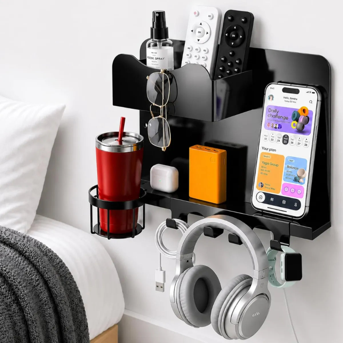 No-Drill Floating Metal Bedside Wall Shelf and Organizer