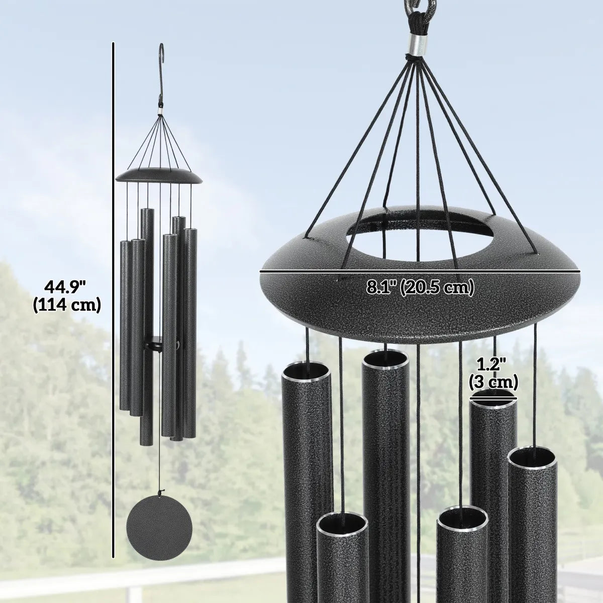 45" Deep Tone Wind Chimes with 6 Aluminum Tubes, Dark Grey