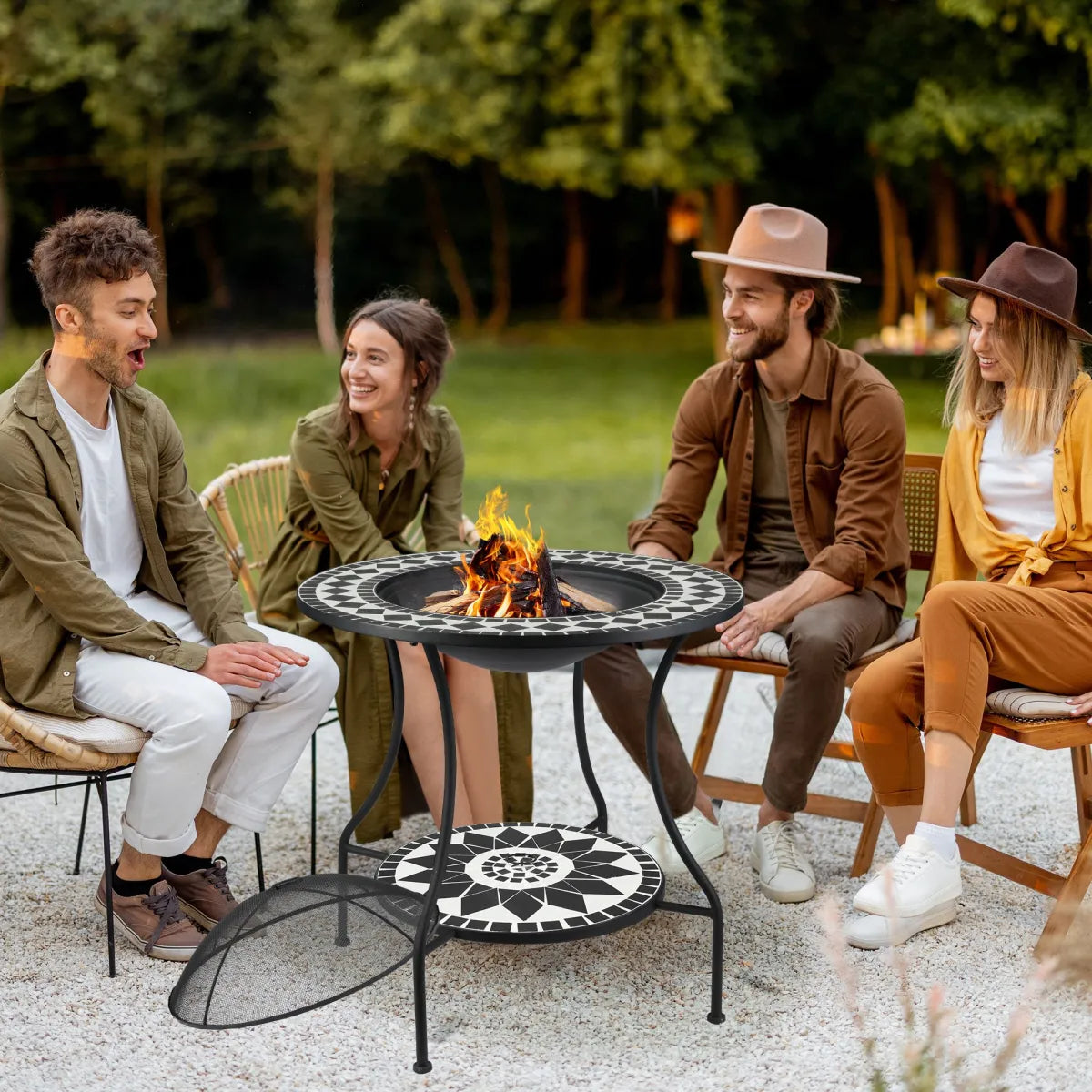 30" Round Fire Pit Dining Table – 3-in-1 Wood-Burning with Ice Bucket