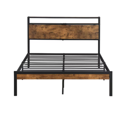 Queen Metal Platform Bed Frame – Wood Headboard & Footboard with USB Port, Black+Brown Bedroom – view 3