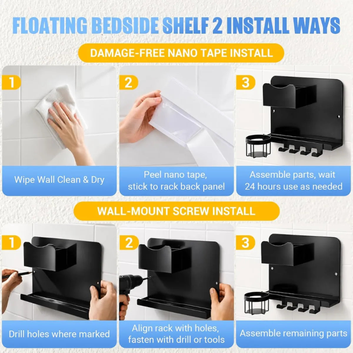 No-Drill Floating Metal Bedside Wall Shelf and Organizer